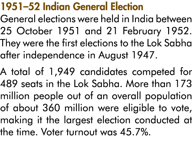 1951 52 Indian General Election General elections were held in India between 25 October 1951 and 21 February 1952  Th   