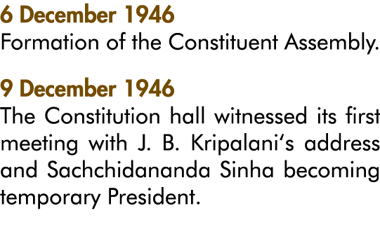 6 December 1946 Formation of the Constituent Assembly  9 December 1946 The Constitution hall witnessed its first meet   