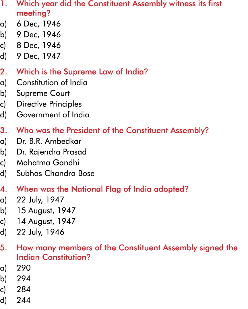 1  Which year did the Constituent Assembly witness its first meeting  a) 6 Dec, 1946 b) 9 Dec, 1946 c) 8 Dec, 1946 d)   